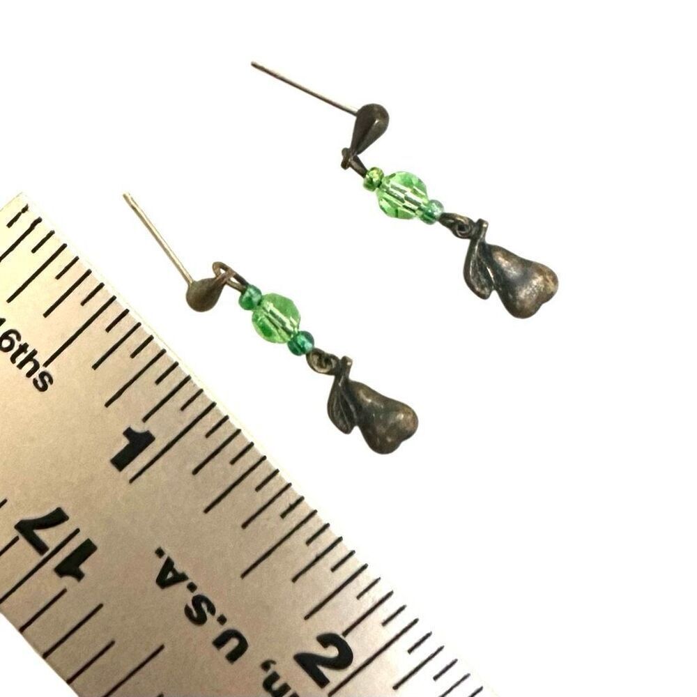 Green beaded dainty pear charm drop earrings - Picture 6 of 8